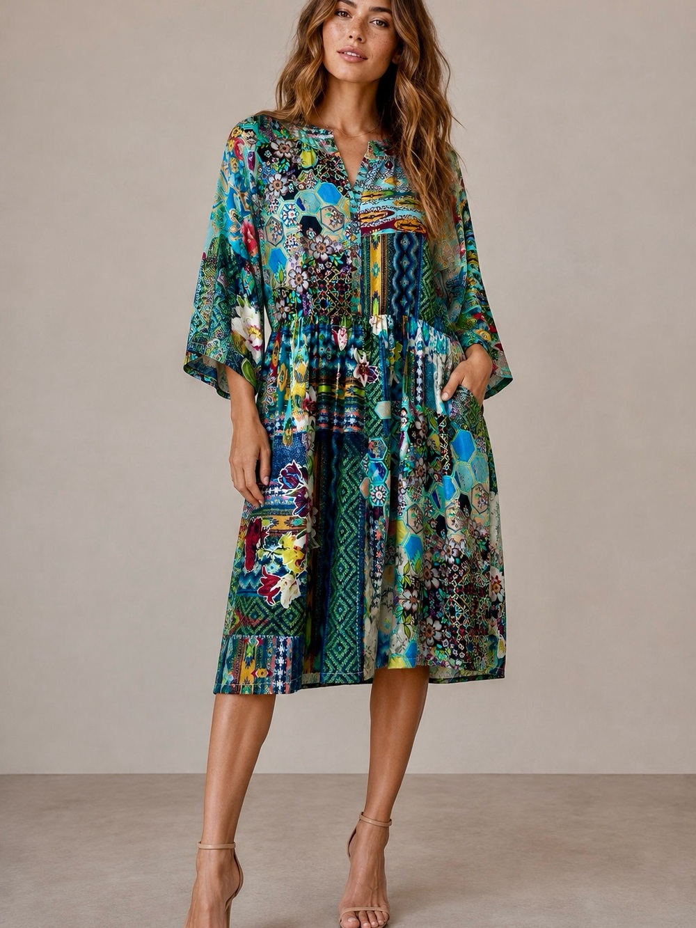 Johnny Was Nelsona Silk Teal, Green & Blue Patchwork Floral Midi Dress
